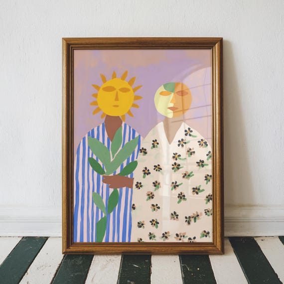 Sun Moon Companions Abstract Figurative Wall Art Print Eclectic Surrealism Decor Mystical Fantasy Maximalist