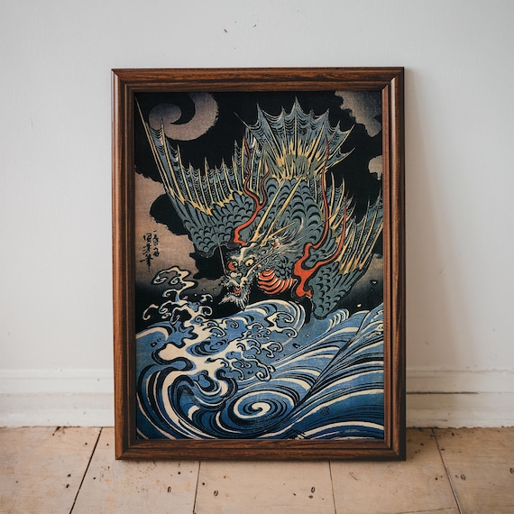 Japanese Dragon Rising from Waves Vintage Woodblock Style Poster