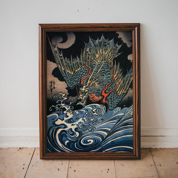 Vintage Japanese Print Dragon Flying Above Waves Art Living Room Large Wall Ukiyoe Japan