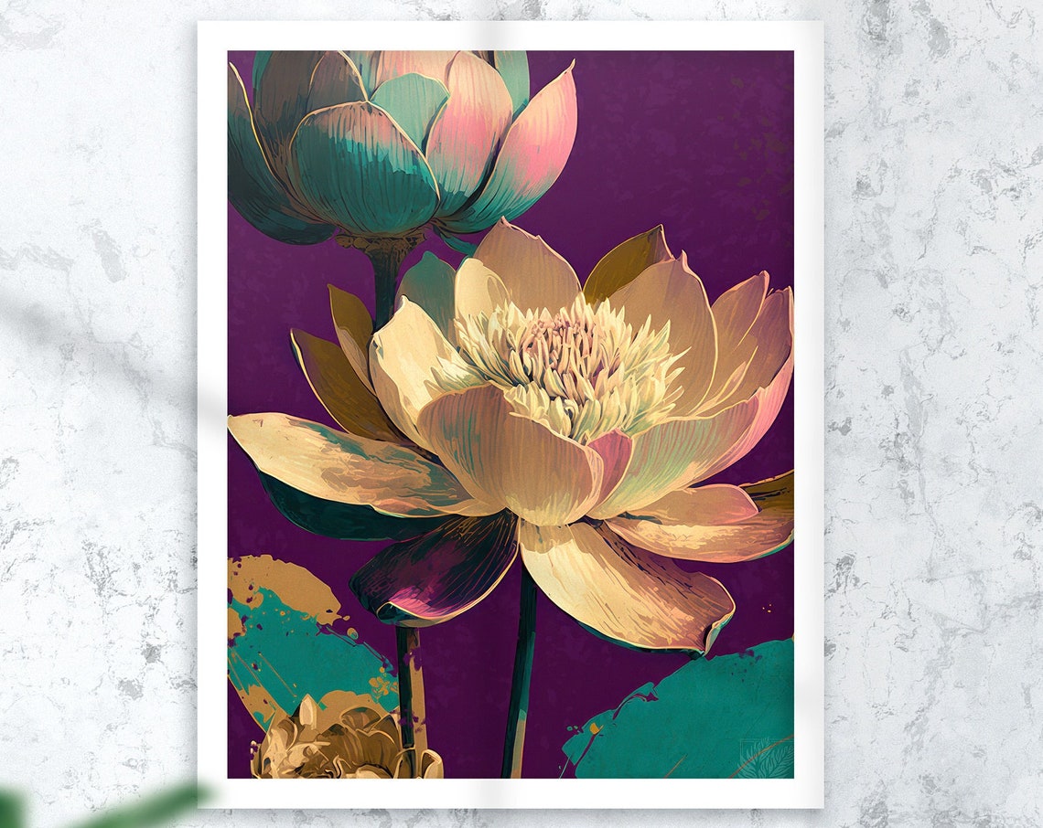 White Lotus Flower Blossoms Over Dark Purple Botanical Poster - Image 3