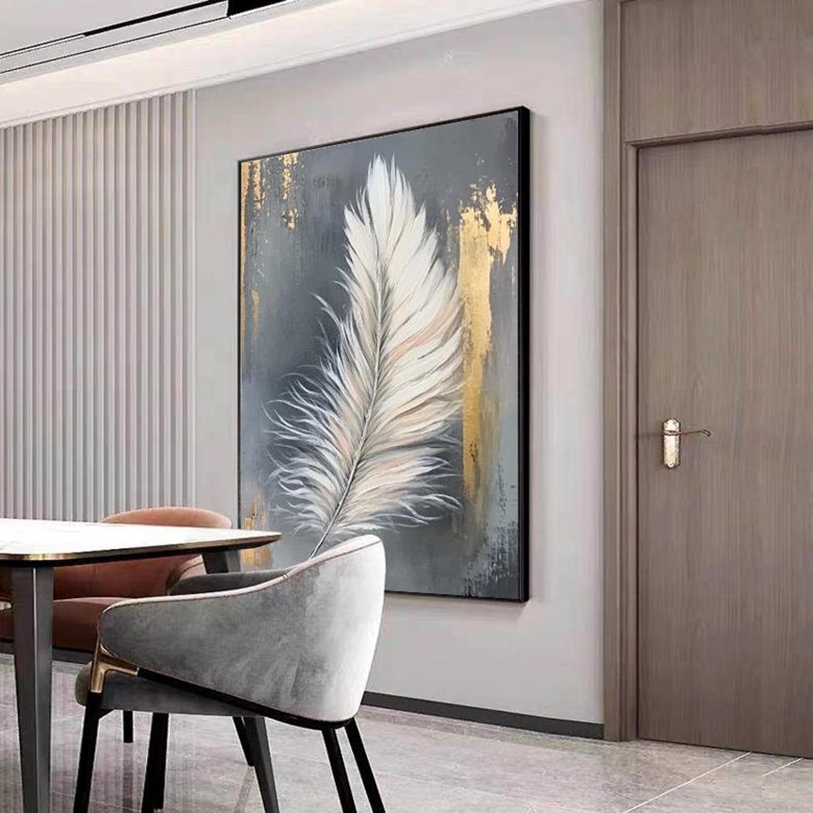 White Feather With Gold Accents Grey Minimalist Art Painting Poster - Image 3