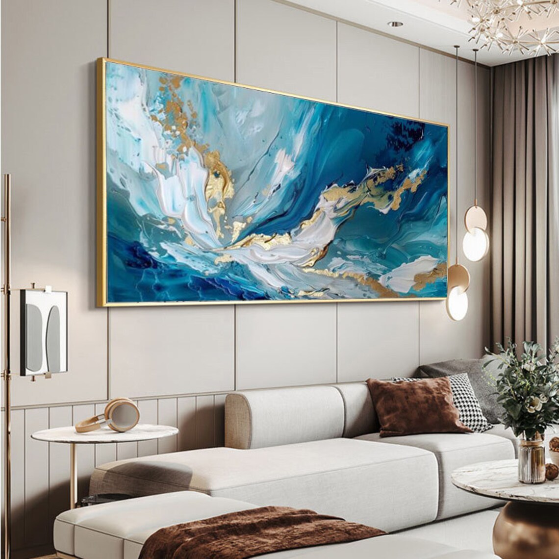 Abstract Blue Oil Painting With Gold Accents Art Print - Image 5