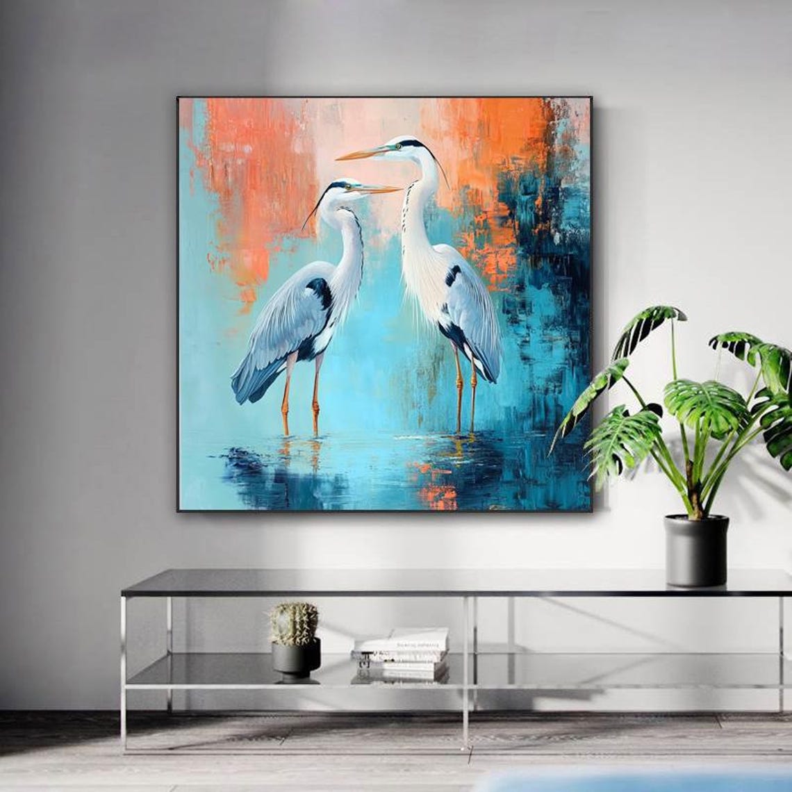Two White Herons Teal Water Coral Sunset Abstract Painting Poster - Image 3