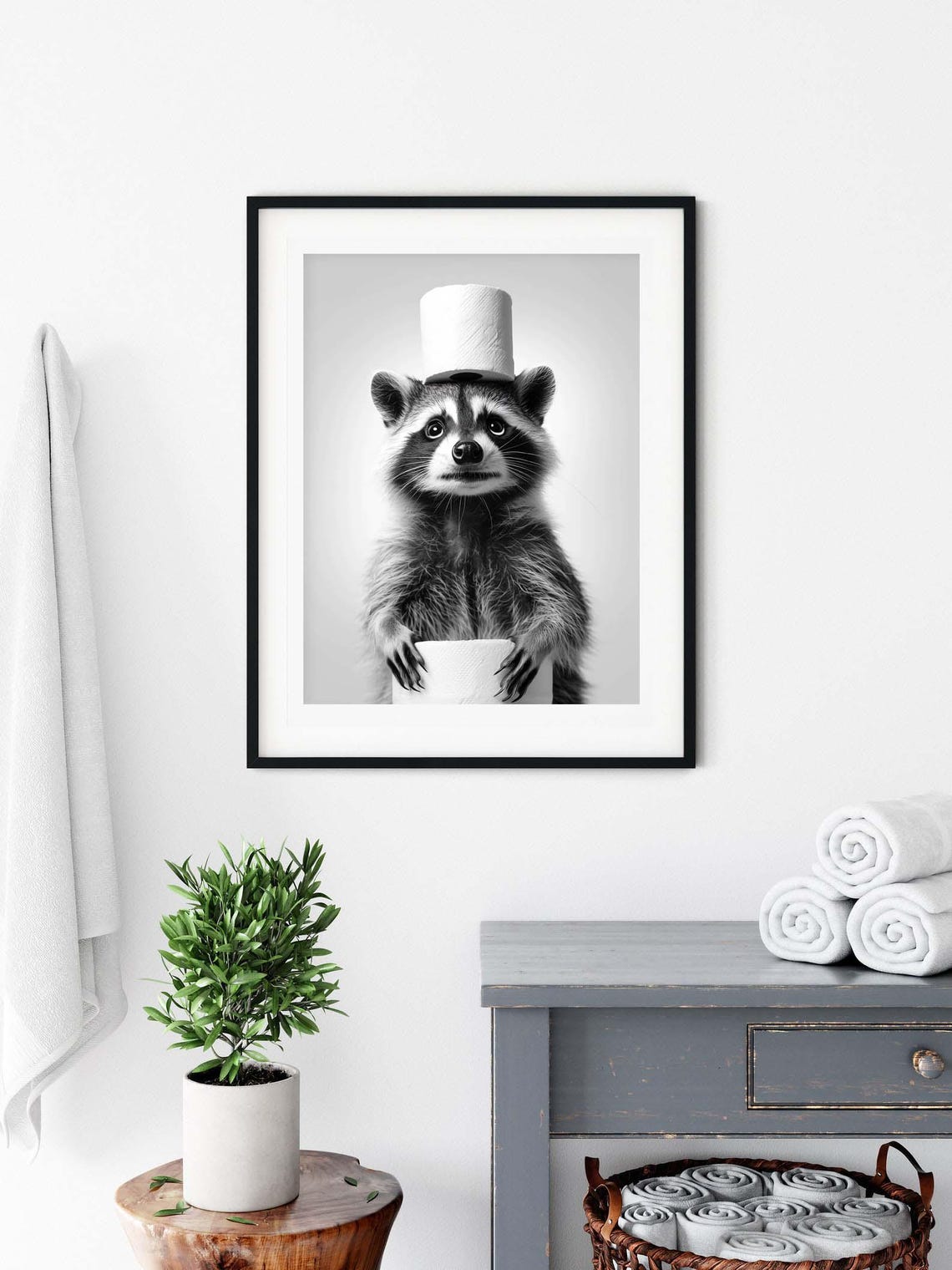 Raccoon with Toilet Paper Roll on Head Funny Bathroom Animal Poster - Image 3