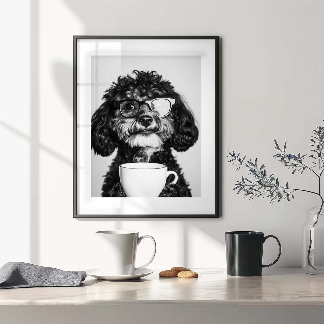 Curly Cockapoo Wearing Eyeglasses Holding A Steaming Coffee Mug Poster - Image 2