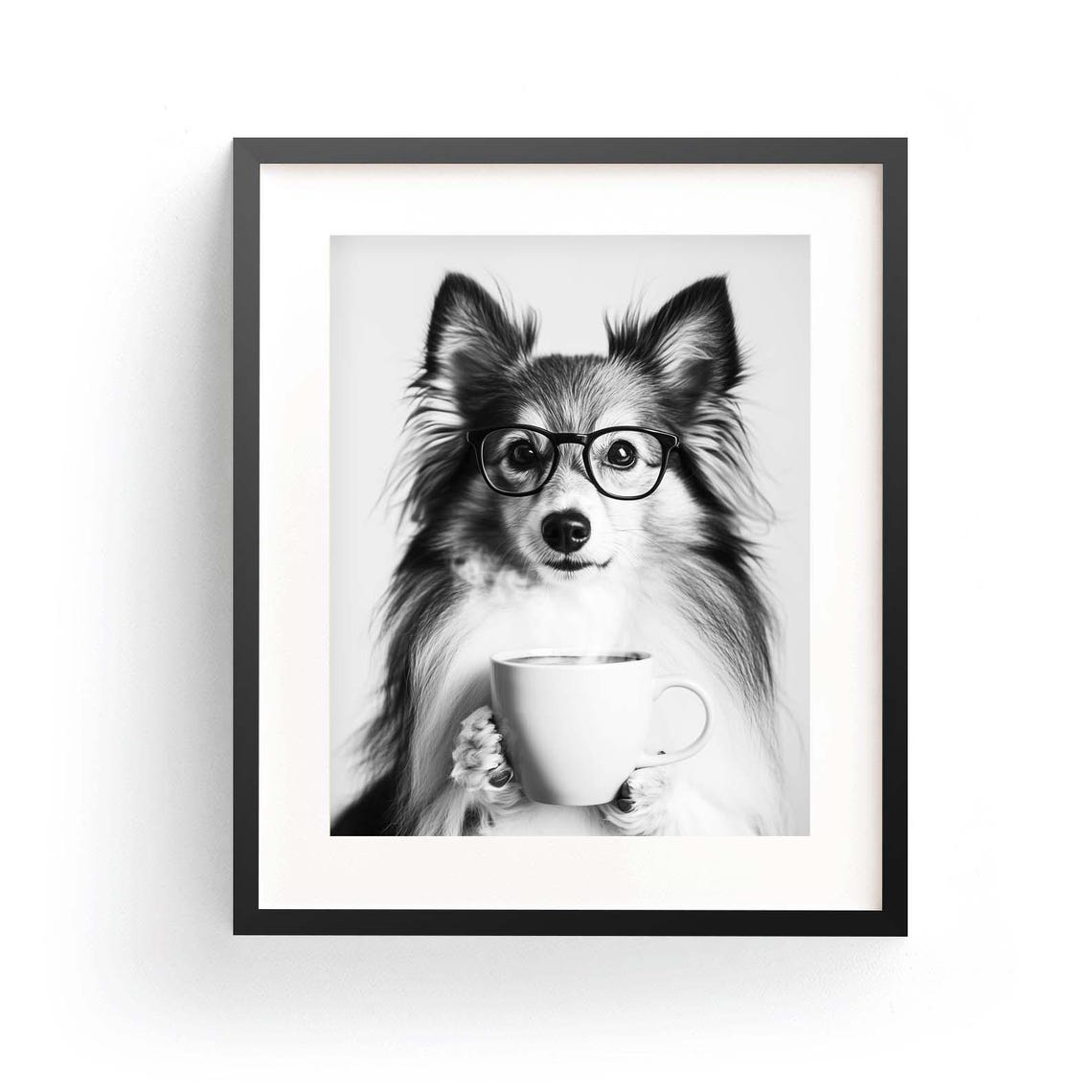 Shetland Sheepdog with Glasses Holding Coffee Cup Funny Kitchen Poster