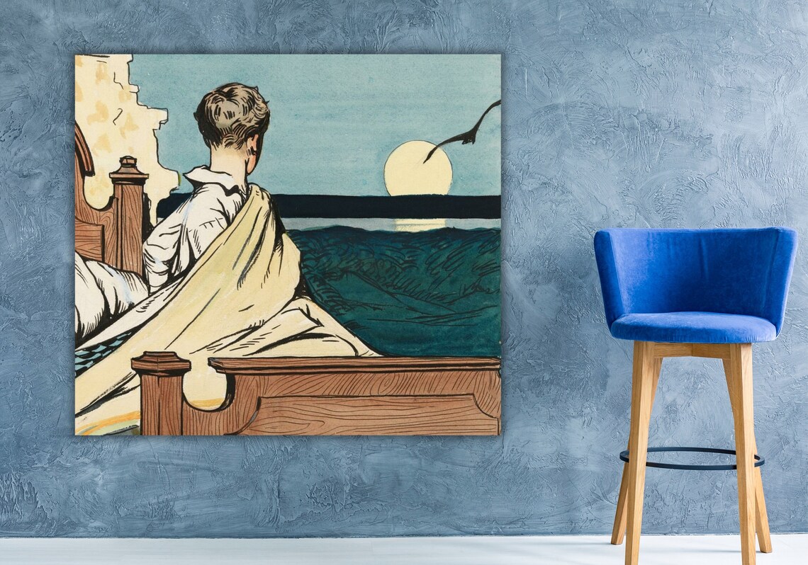 Boy in Bed Gazing at Moon Over Sea Storybook Illustration Poster - Image 2