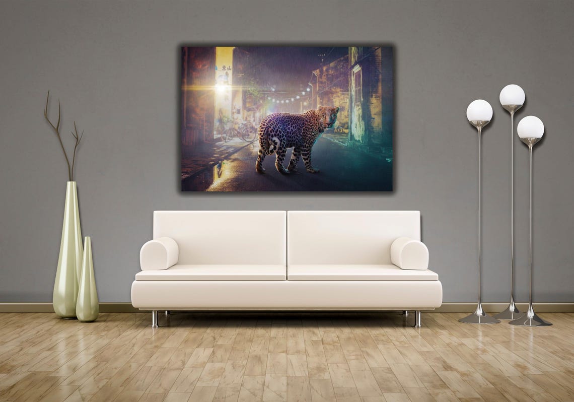 Leopard Walking Rainy Night Street Neon Lights Wildlife Photo Poster - Image 2