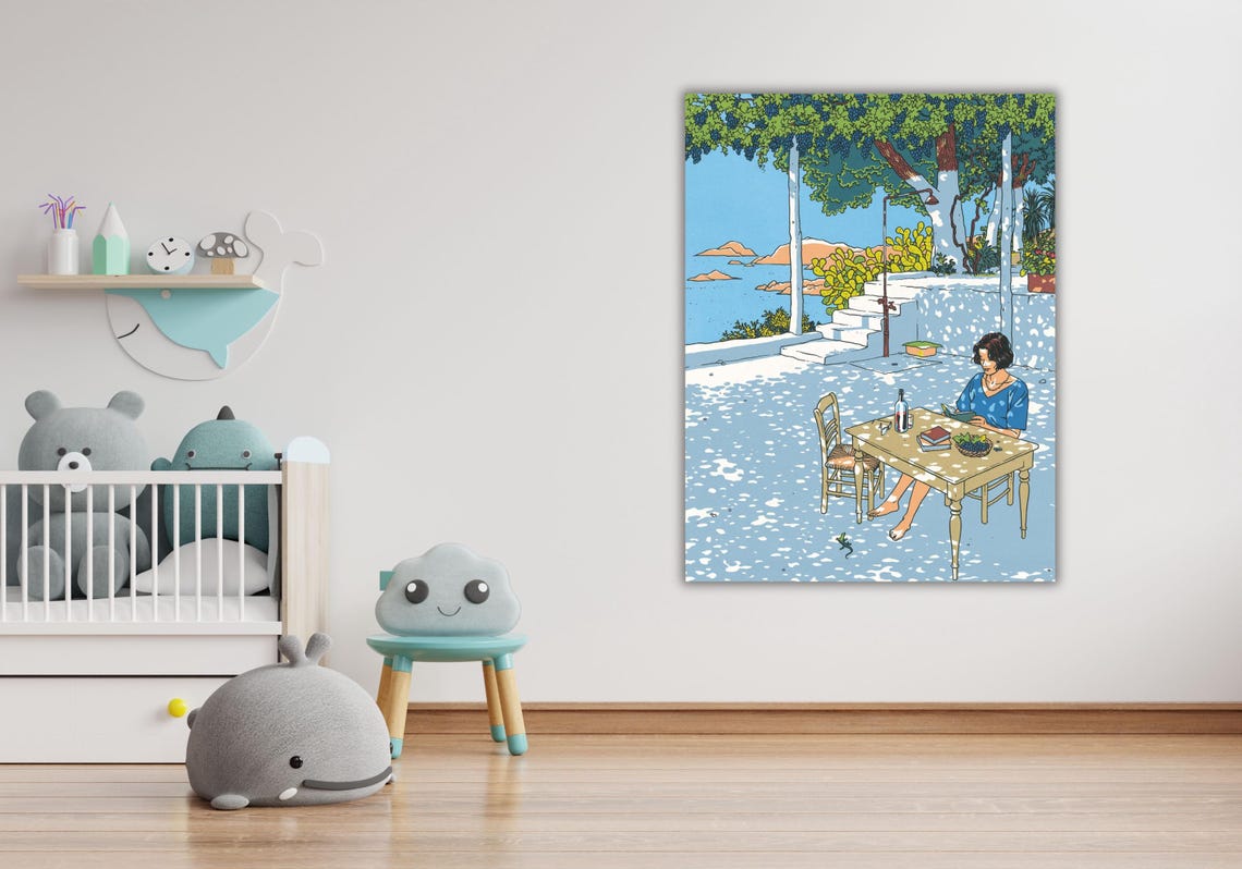 Woman Reading on a Sunlit Mediterranean Terrace Seaside Poster - Image 2
