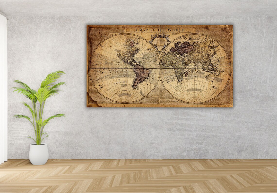 Antique Double Hemisphere Map of the World Sepia Cartography Poster - Image 3