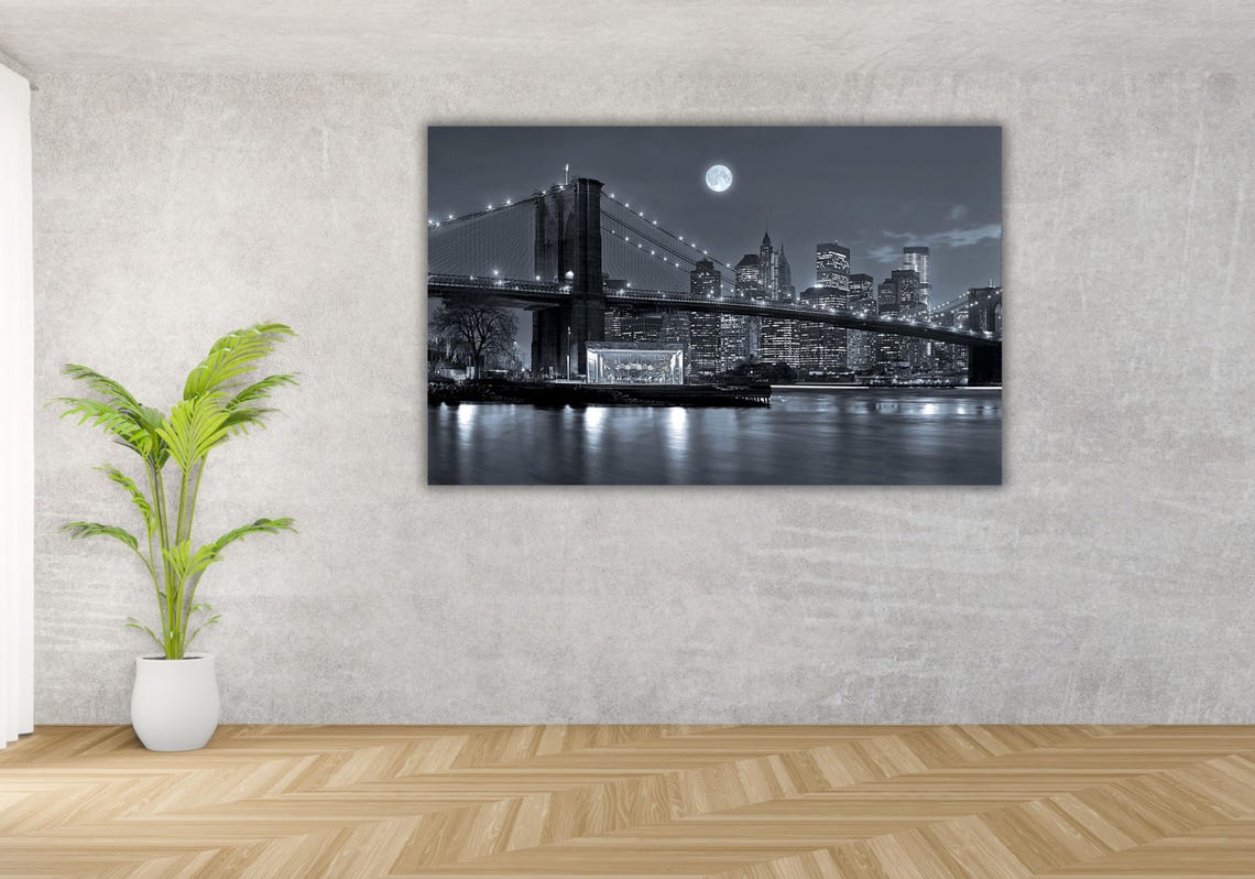 Brooklyn Bridge Night Full Moon Manhattan Skyline Black White Poster