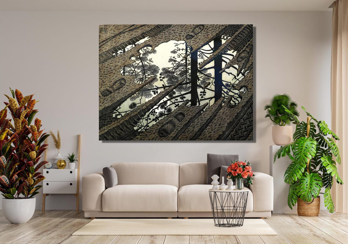 MC Escher Puddle Tree Reflection Optical Illusion Woodcut Poster - Image 3