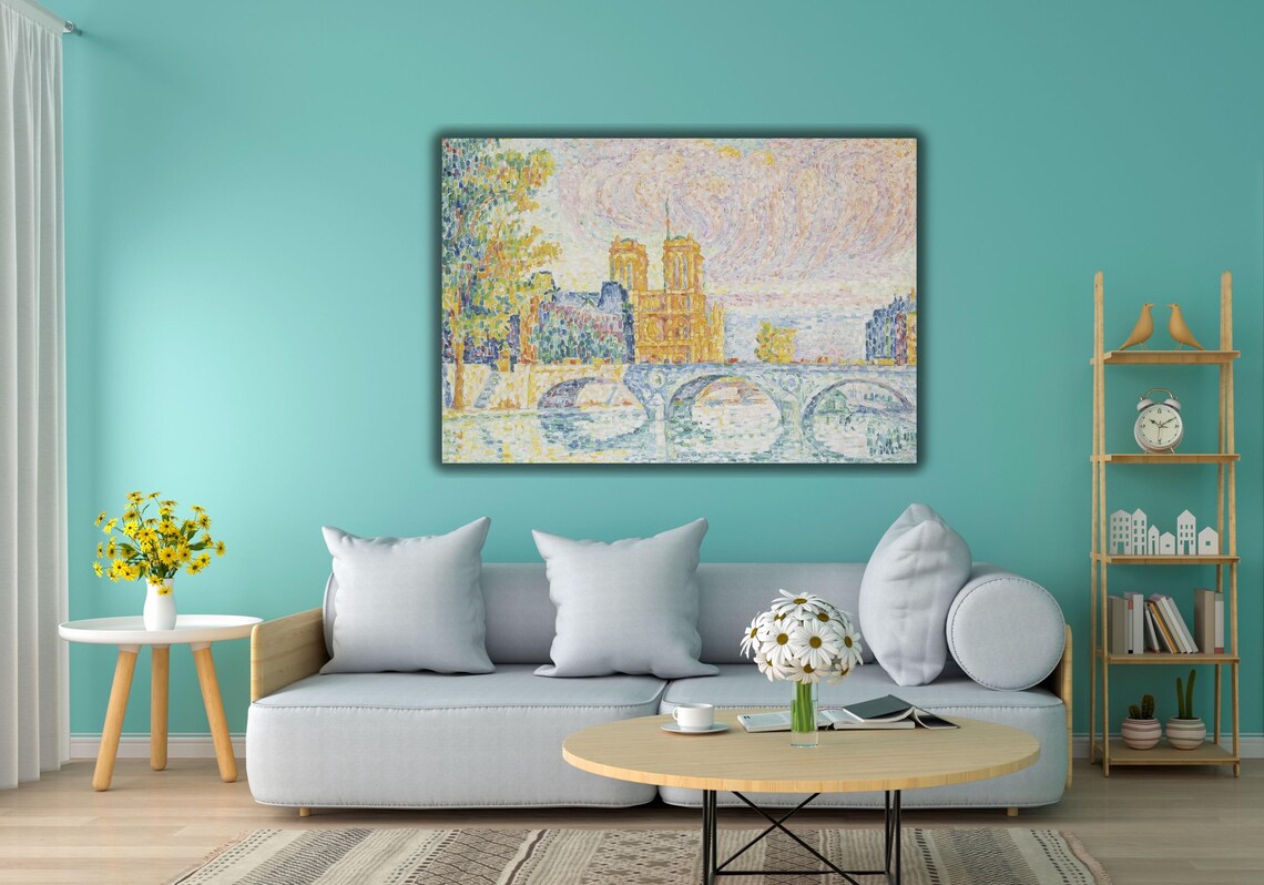 Notre Dame Cathedral Paris Pointillist Seine Bridge Art Poster - Image 2