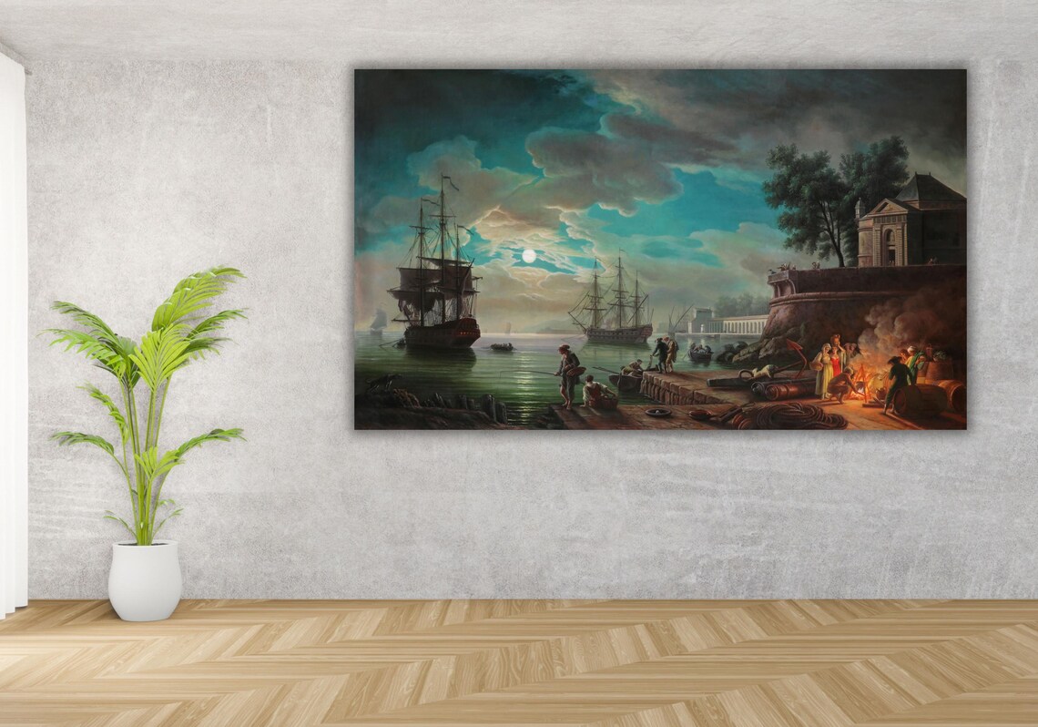 Moonlit Harbor Tall Ships Night Sea Fishermen Classic Art Poster - Image 2