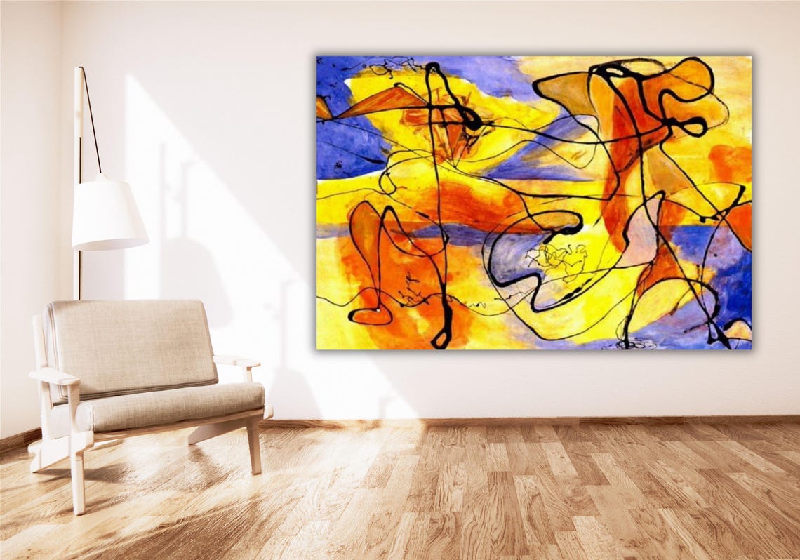 Colorful Abstract Line Art Yellow Orange Blue Modern Painting Poster - Image 3