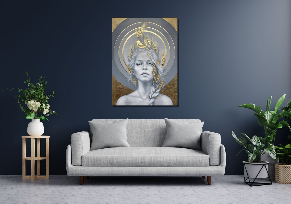 Gold Girl Metallic Portrait Wheat Stalks Golden Bird Luxury Wall Art - Image 3