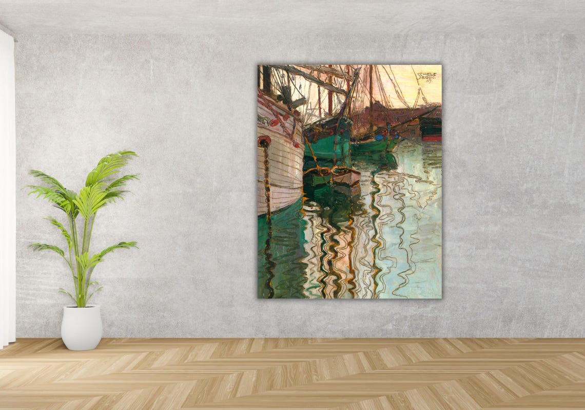 Schiele Fishing Boats in Harbor with Wavy Reflections Art Poster - Image 3