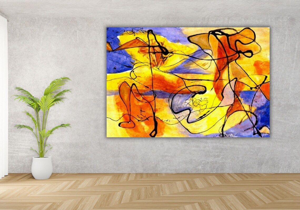 Colorful Abstract Line Art Yellow Orange Blue Modern Painting Poster - Image 2