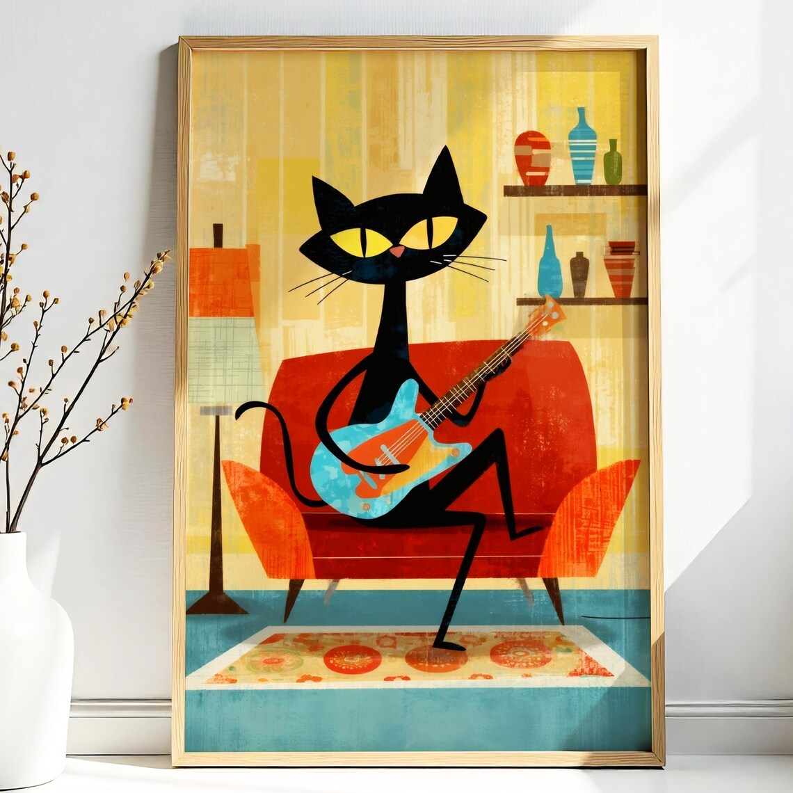 Atomic Black Cat With Electric Guitar Retro Midcentury Music Room Poster