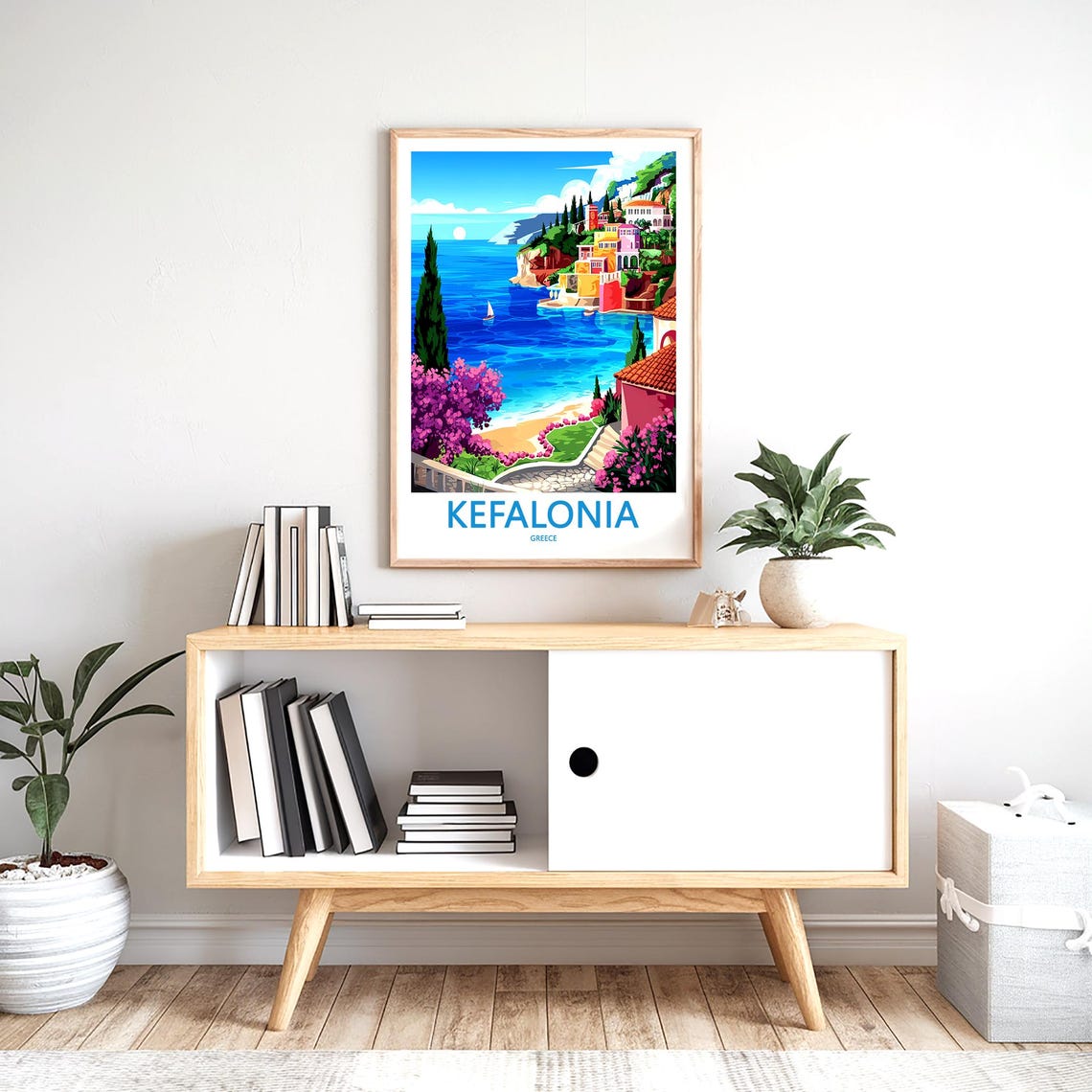 Kefalonia Greece Colorful Cliff Village Moonlight Bay Poster - Image 2