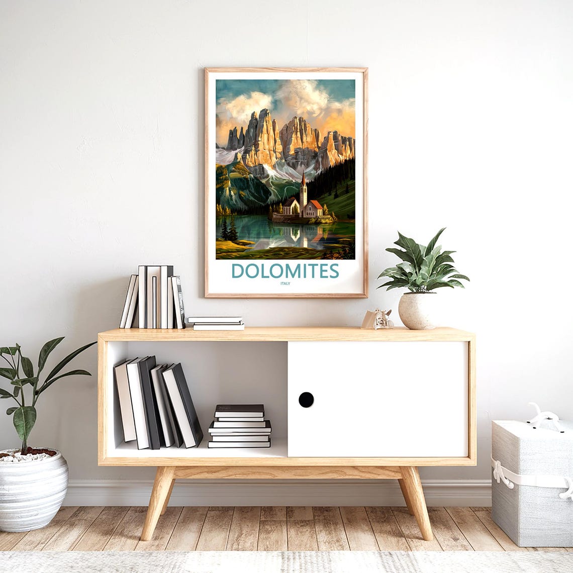Dolomites Sunrise Peaks with Lakeside Church Italy Travel Poster - Image 2
