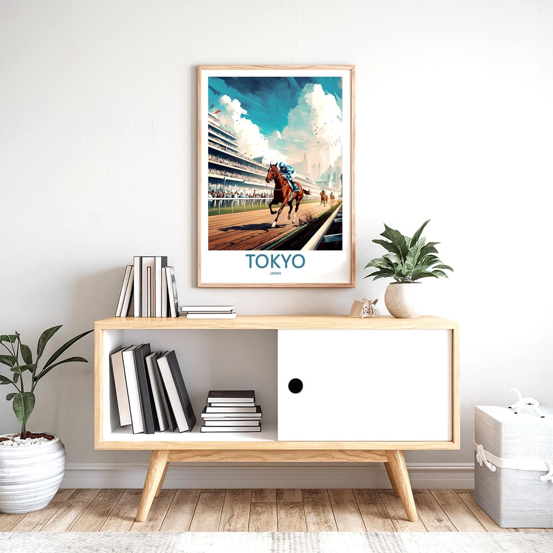 Illustrated Tokyo Horse Racing Scene with Jockey and Racehorse Poster - Image 2