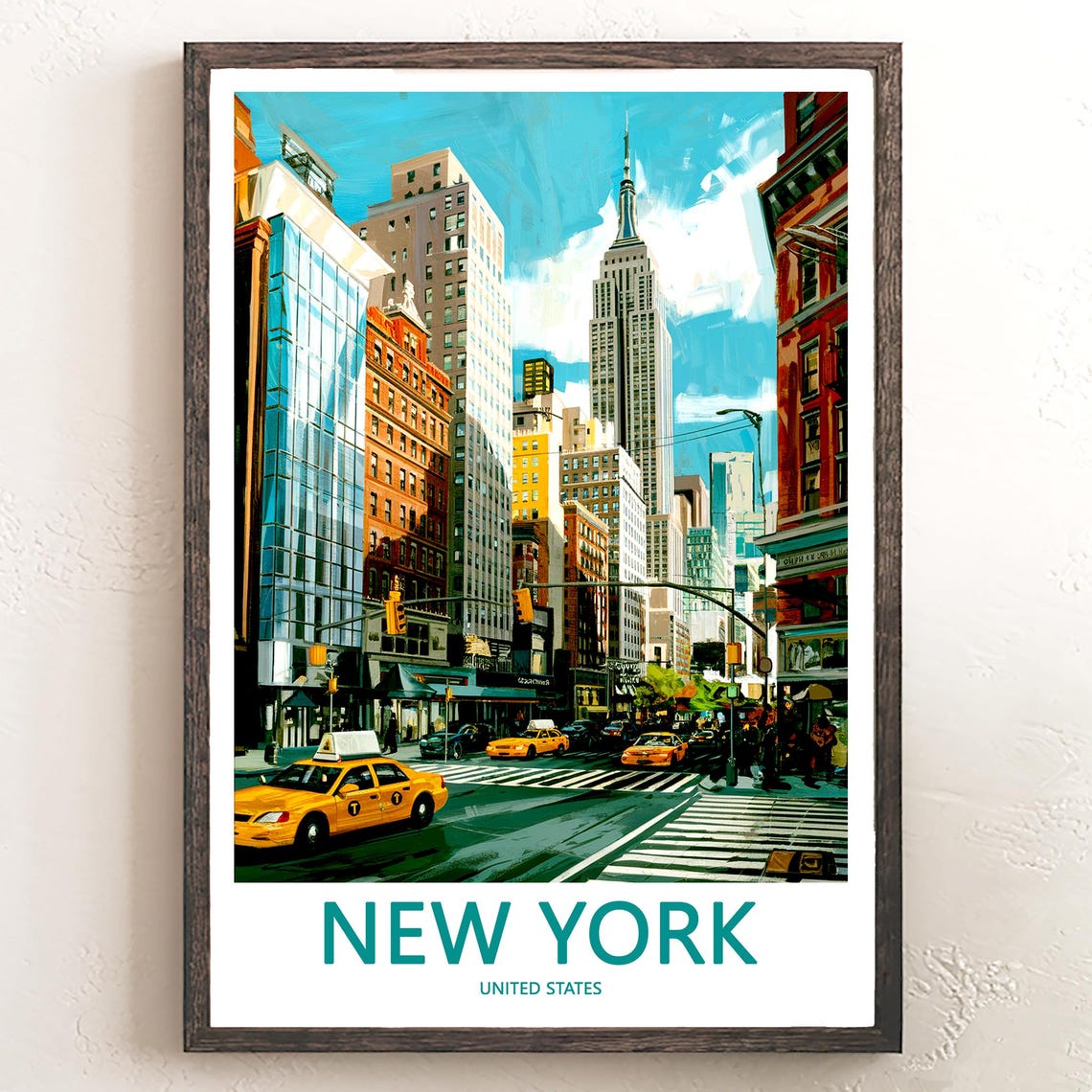 New York Street Scene Yellow Taxis Empire State Building View Poster