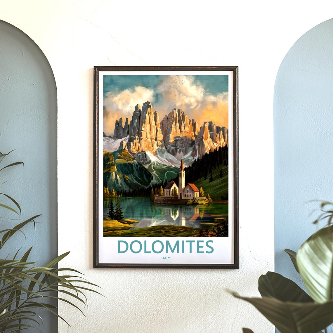 Dolomites Sunrise Peaks with Lakeside Church Italy Travel Poster - Image 3