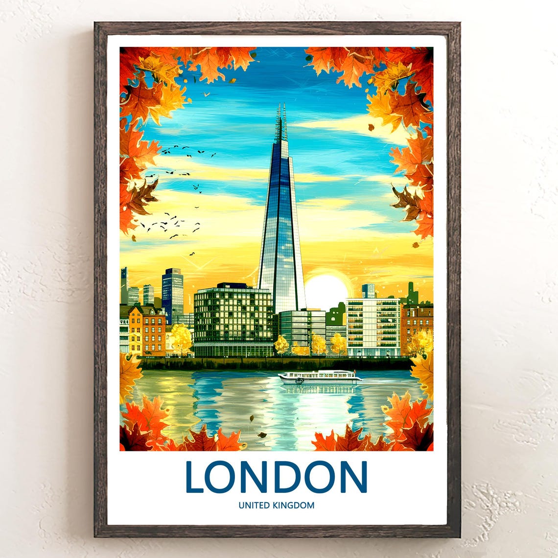 The Shard at Sunset with Maple Leaves and a River Boat Poster