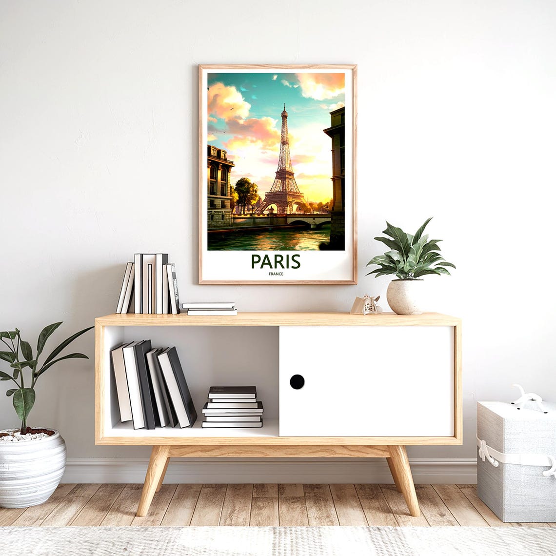 Eiffel Tower Between Buildings Over the Seine at Pastel Sunset Poster - Image 2