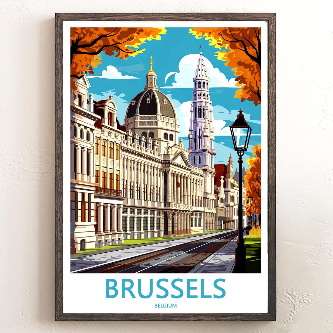 Brussels Belgium Cathedral Dome Tram Street Illustration Poster