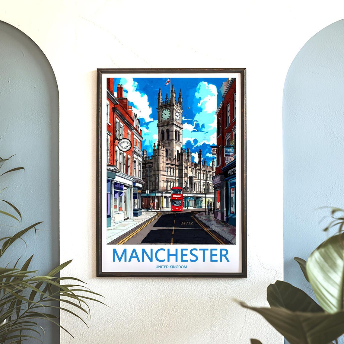 Manchester United Kingdom Historic Street Clock Tower Red Bus Poster - Image 3