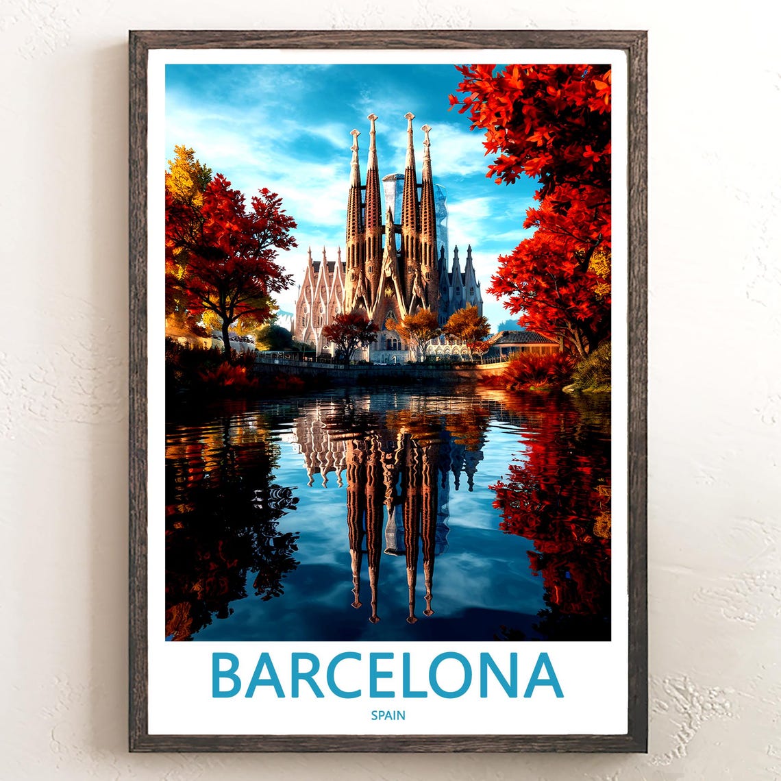 Barcelona Sagrada Familia Autumn Reflection Scenic Travel Poster