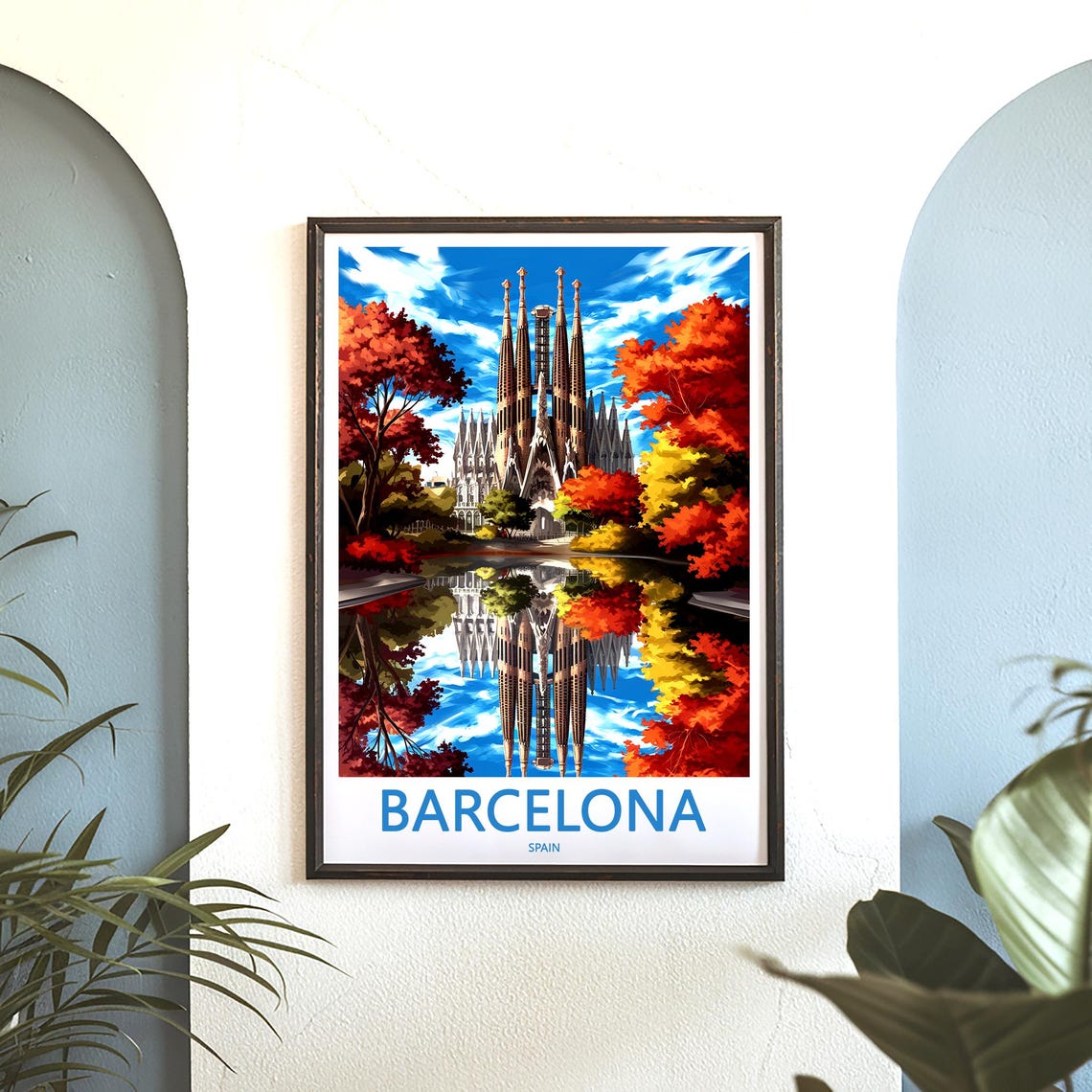 Barcelona Sagrada Família Painted Autumn Reflection Art Poster - Image 3