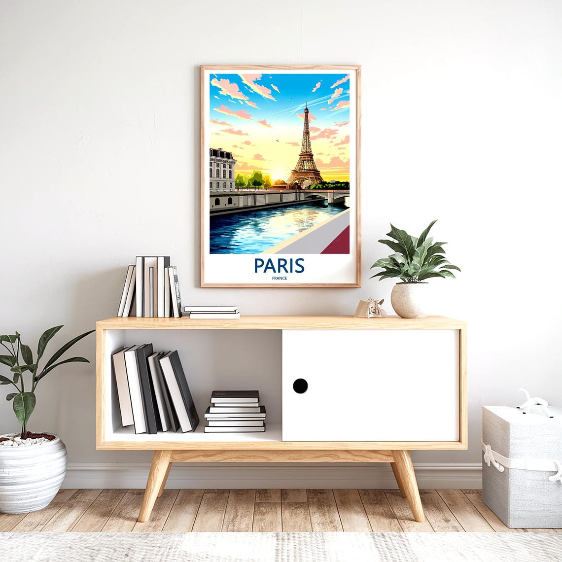 Eiffel Tower Seine Sunset Bridge Pink Clouds Paris Travel Poster - Image 2