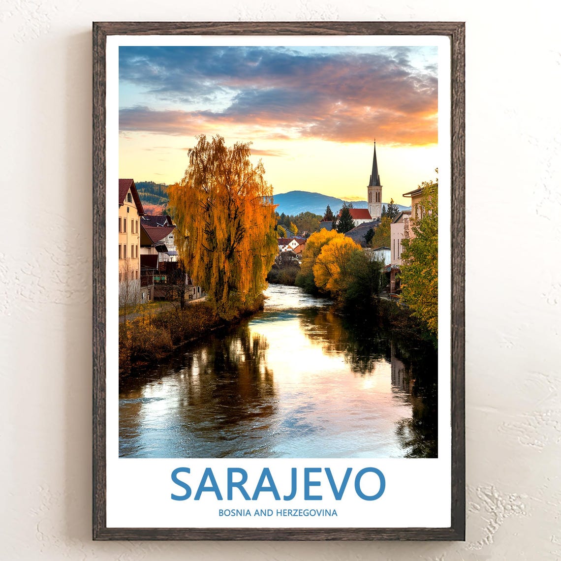 Sarajevo River Sunset with Willow Trees and Church Spire Poster