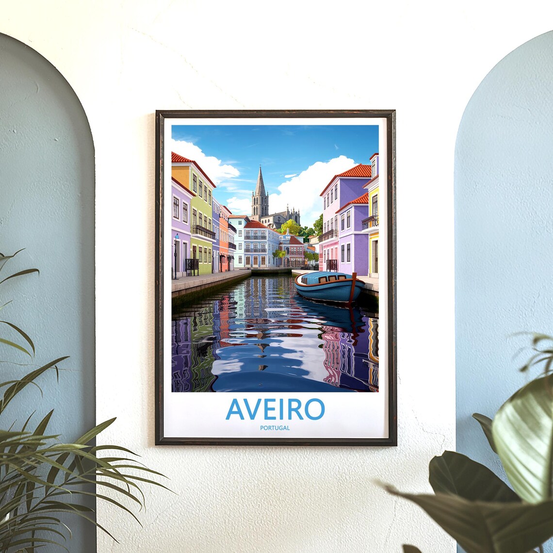 Aveiro Portugal Blue Moliceiro Boat Pastel Canal Houses Travel Poster - Image 3