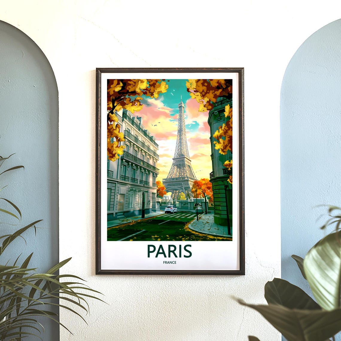 Eiffel Tower Autumn Avenue Golden Trees White Car Paris Poster - Image 3