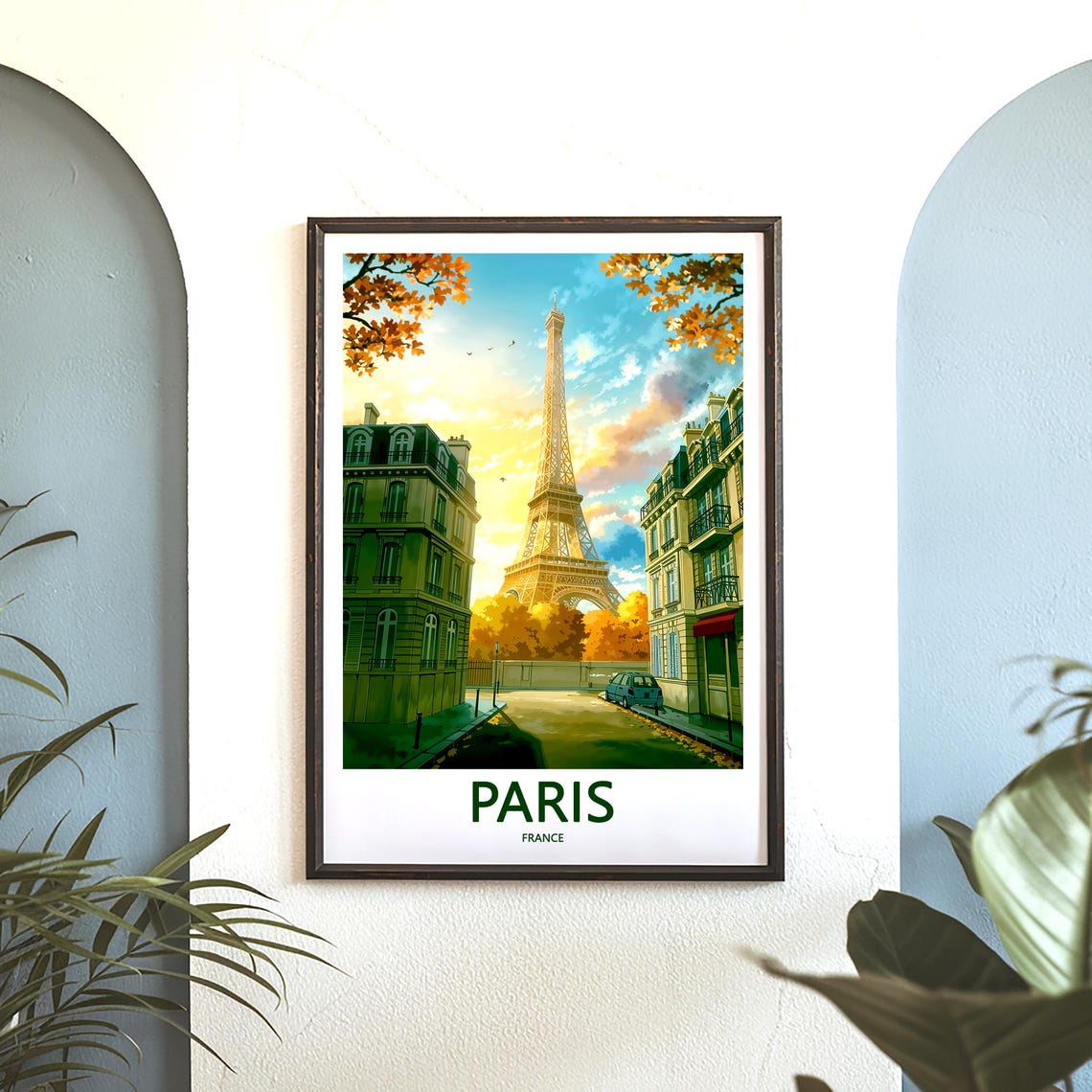 Eiffel Tower Golden Autumn Avenue Blue Car Paris Travel Poster - Image 3