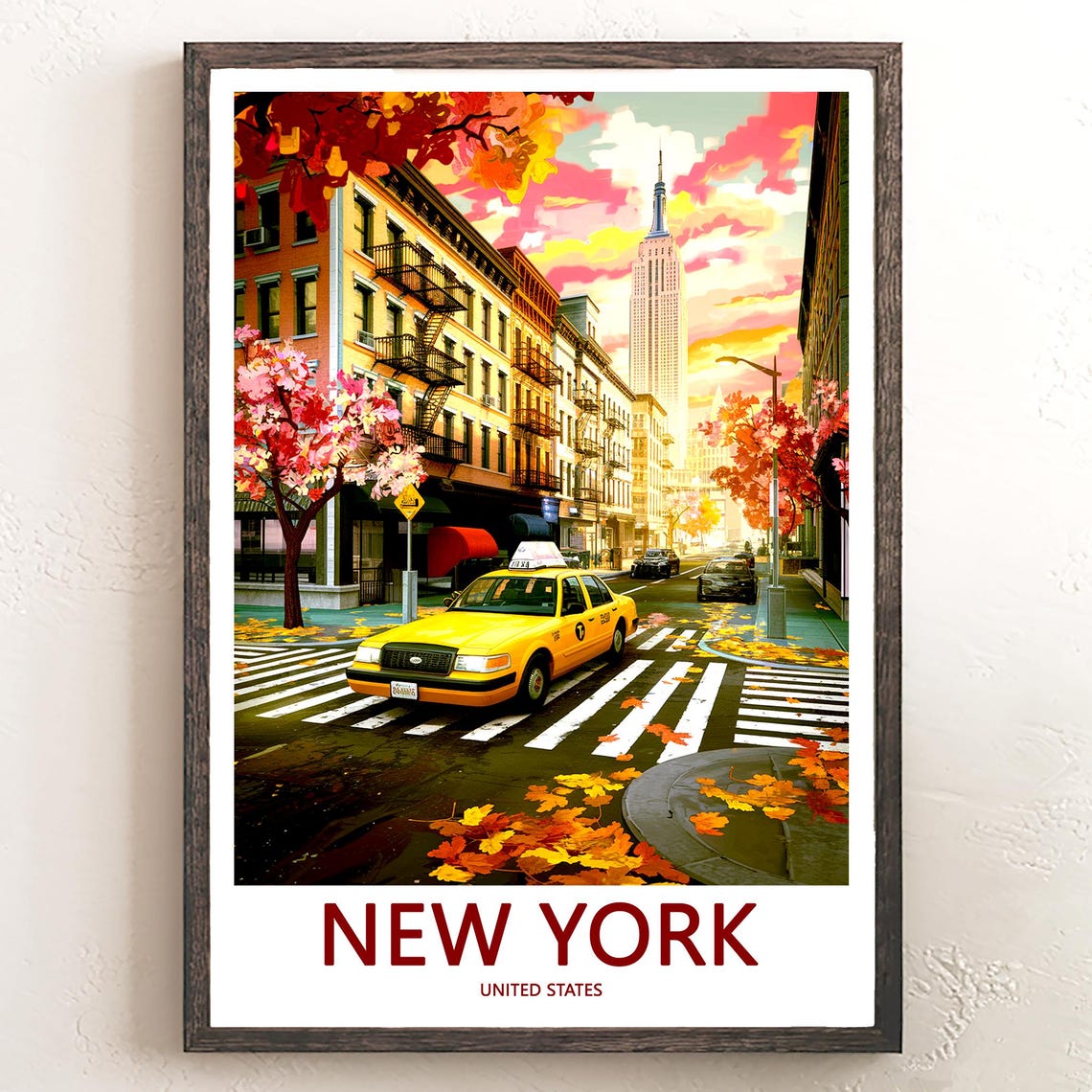 New York Autumn Street Yellow Taxi Fall Leaves Empire State Poster