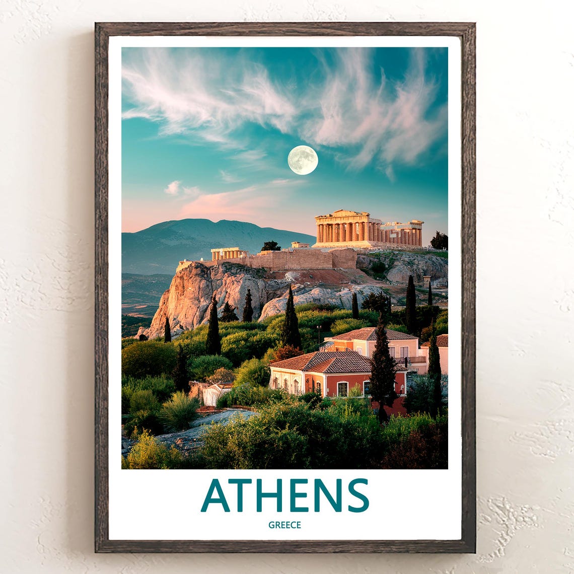 Athens Acropolis Under Full Moon in Teal Dusk Sky Photo Poster