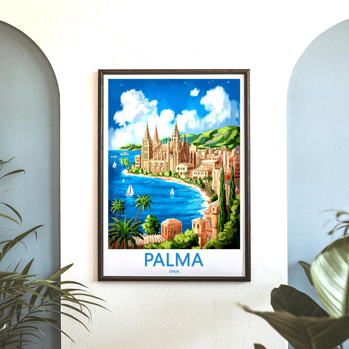 Palma Spain Curving Shoreline Cathedral With Sailboats Poster - Image 3