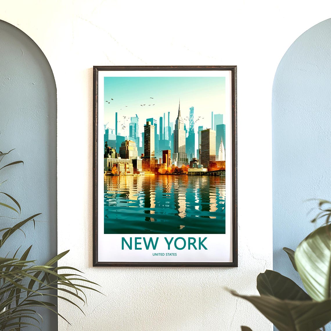 Panoramic Manhattan Skyline with Golden Water Reflection Poster - Image 3