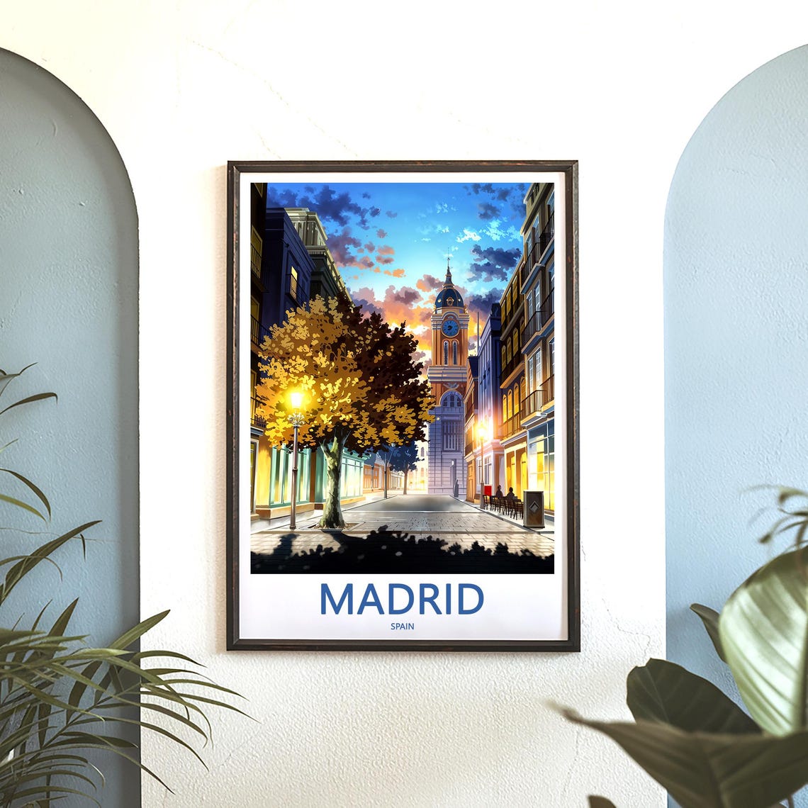 Madrid Old Town Clock Tower Golden Sunset Street Scene Poster - Image 3