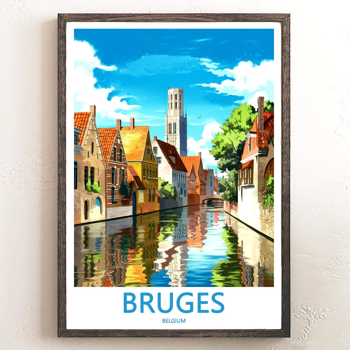 Bruges Belgium Canal With Historic Tower Under Bright Sky Poster