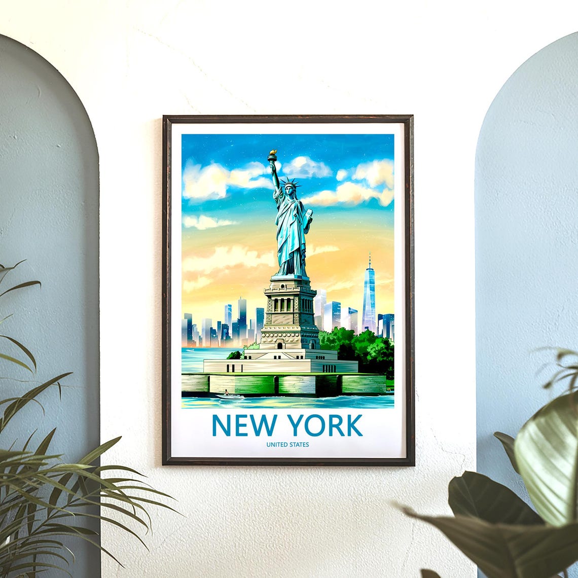 Statue of Liberty at Sunrise with a Small Harbor Boat Poster - Image 3