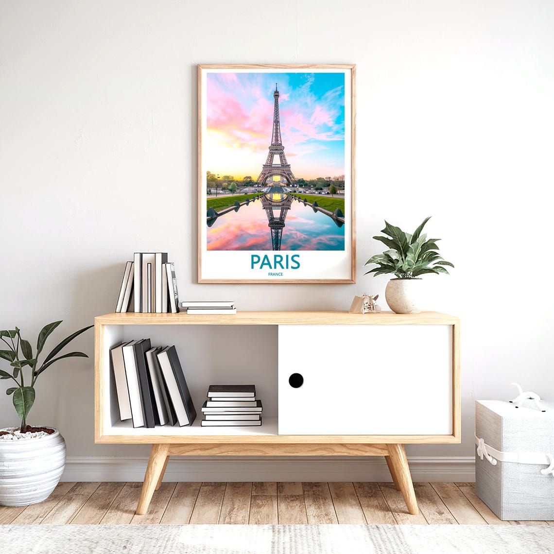 Paris Eiffel Tower Sunset Pool Reflection Teal Sky Photo Poster - Image 2