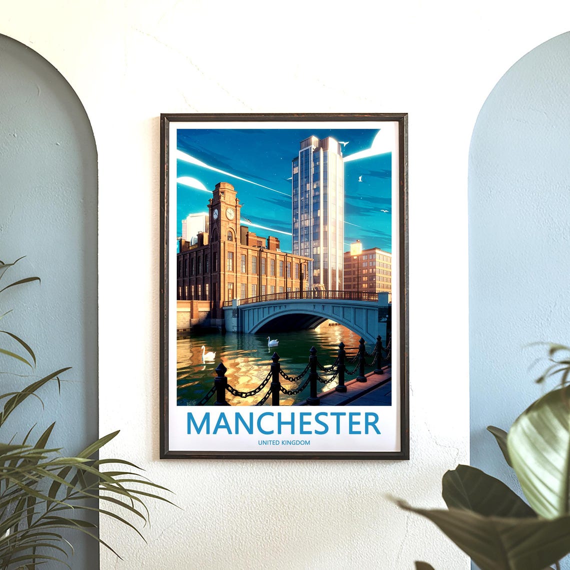 Manchester United Kingdom Daytime Bridge Swans Skyline Poster - Image 3