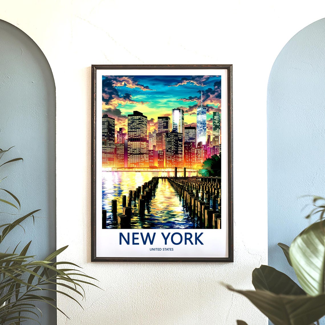 New York Manhattan Skyline Sunset Pier Posts Water Travel Poster - Image 3