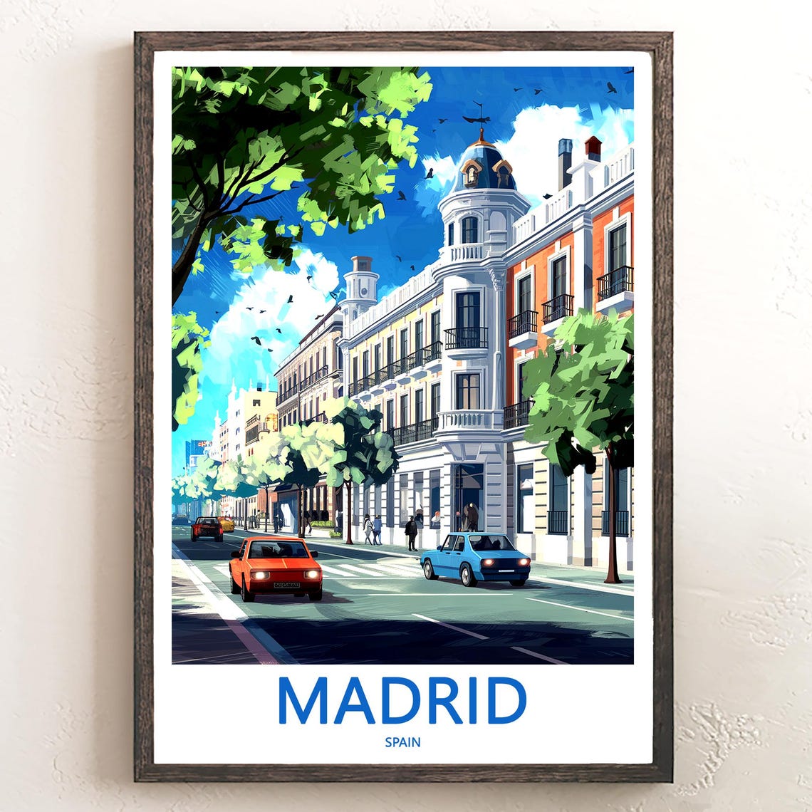 Madrid White Corner Buildings Busy Street Blue Sky Art Poster